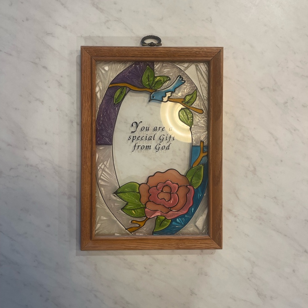 Vintage handmade stained glass inspired religious wall hanging
